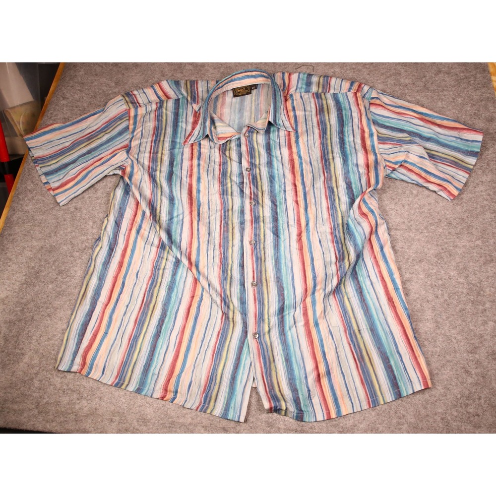 Monzini Collection Mens 2X Multicolor Vertical Stripe Crinkle Button Up SS USA